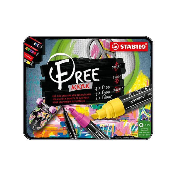 Akrylový popisovač STABILO FREE Acrylic 4xT100, 5xT300, 2xT800C, sada 11 ks