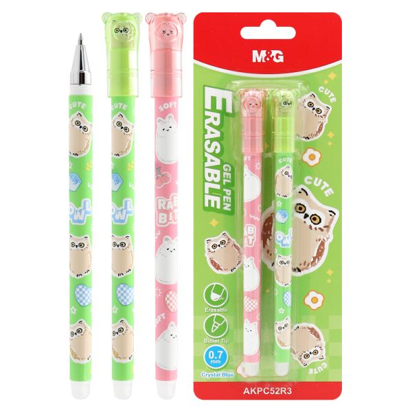 Pero gélové /gumovacie M&G iErase Soft Animals - Sova (0,7 mm) sada 2 ks - modrá náplň