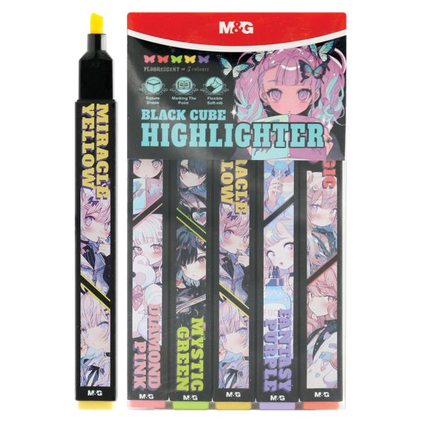 Zvýrazňovač M&G BLACK CUBE fluorescent - Pink Fantasy (sada 5 farieb)