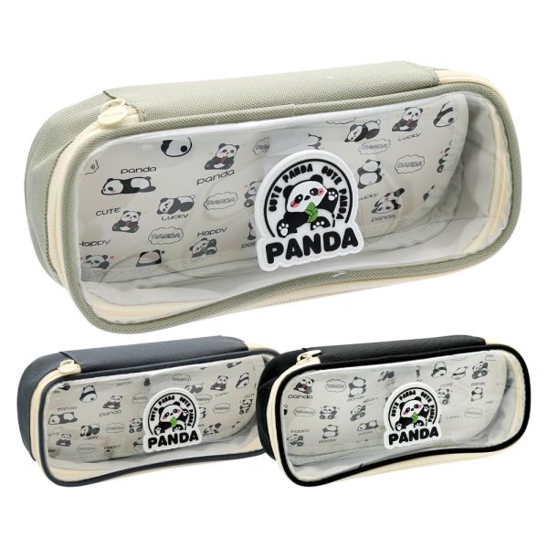 Puzdro na písacie potreby Panda s chlopňou a priehľadným vekom, prázdne (mix farieb)