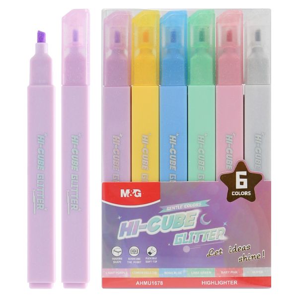 Zvýrazňovač M&G HI-CUBE Glitter - sada 6 ks pastelových farieb