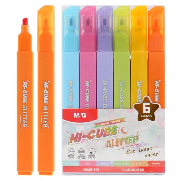 Zvýrazňovač M&G HI-CUBE Glitter - sada 6 ks jasných farieb