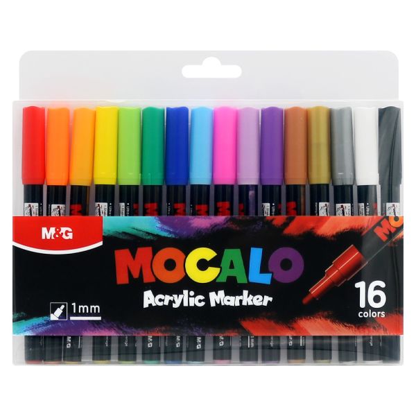 Popisovač M&G MOCALO Acrylic Marker, hrot 1 mm (sada 16 farieb)