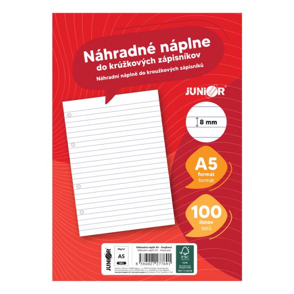Náplne do karisblokov JUNIOR - A5 linajkové, 100 listov