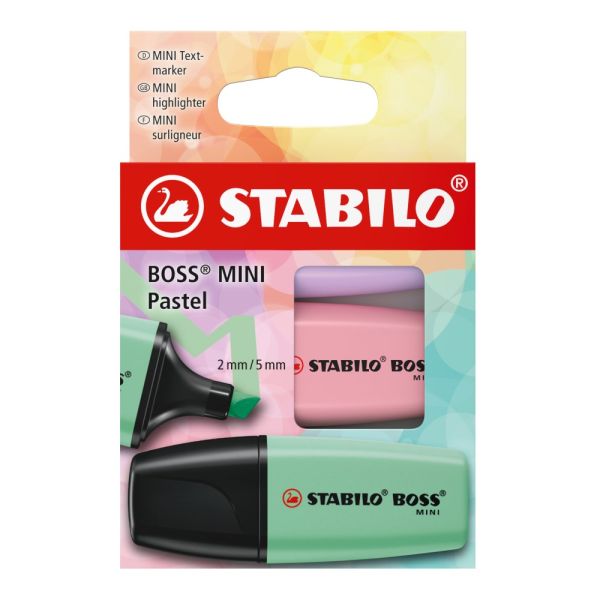 Zvýrazňovač - STABILO BOSS MINI Pastel - 3 ks sada - lila, púdrová ružová, mätovo zelená