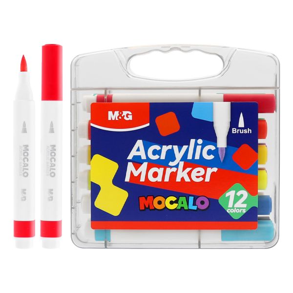 Popisovač M&G MOCALO Acrylic Marker, štetcový hrot - sada 12 farieb