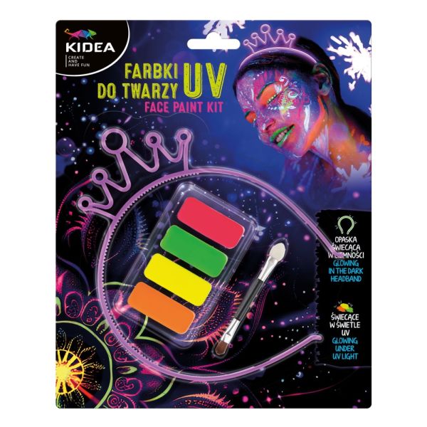 UV farby na tvár Kidea + čelenka svietiaca v tme