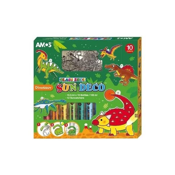 Farby na sklo - Dinosaury 10 farieb 10,5 ml + 12 závesných sklíčok