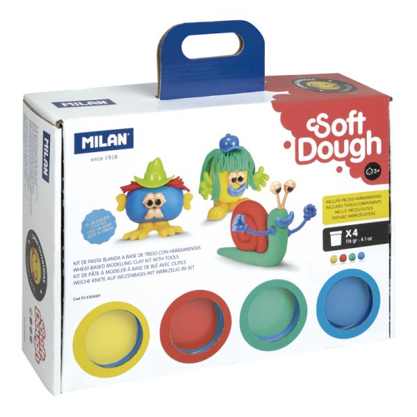 Plastelína MILAN Soft Dough sada 4 farieb + nástroje "Funny faces"