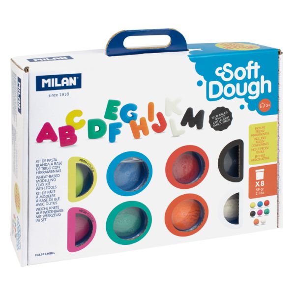 Plastelína MILAN Soft Dough sada 8 farieb + nástroje "Lots of letters"