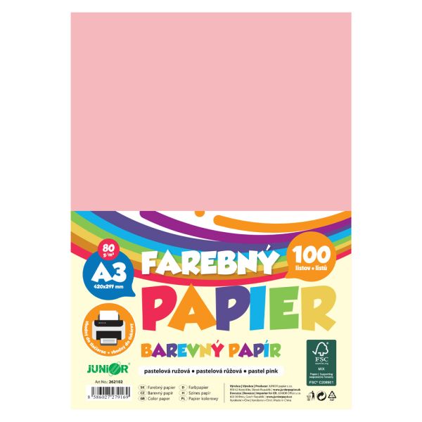 Farebný papier A3 80g/m2, bal/100 ks - pastelová ružová