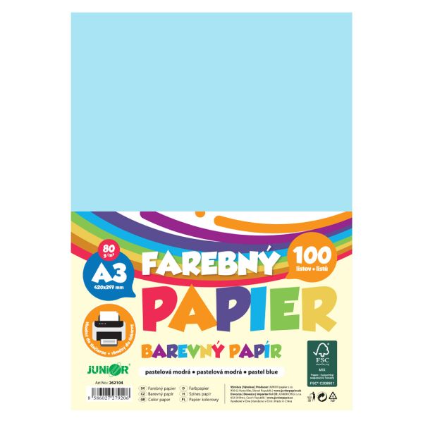 Farebný papier A3 80g/m2, bal/100 ks - pastelová modrá