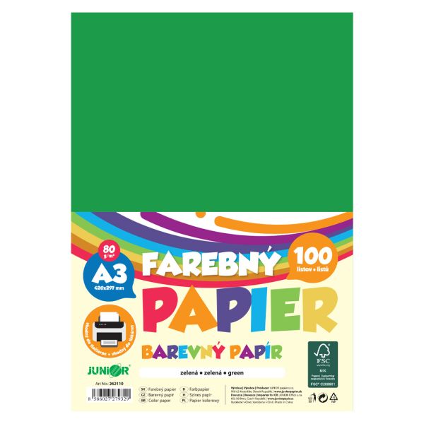 Farebný papier A3 80g/m2, bal/100 ks - zelená