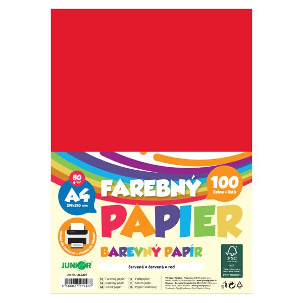Farebný papier A4 80g/m2, bal/100 ks - červená