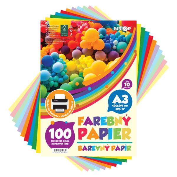 Farebný papier A3 80g/m2 - sada 100 ks (10x 10 farieb)