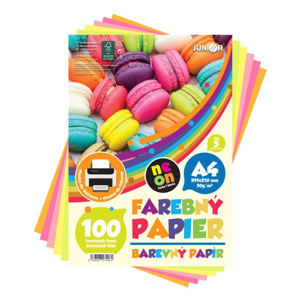 Farebný papier A4 70g/m2 - sada 100 ks (20x 5 farieb) Neon