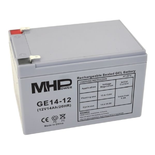 MHPower GE14-12 Gélový akumulátor 12V/14Ah, Faston F2 - 6,3mm, Deep Cycle GE14-12