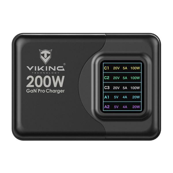Viking USB GaN charger 200W PD PRO/sieťový adaptér/Output:3xUSB-C,2xUSB-A/Rýchlo nabíjania/ VCH200PD