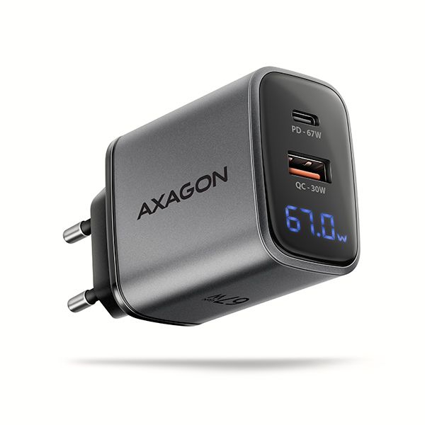AXAGON ACU-PQ67D GaN nabíjačka do siete 67W, USB-A+USB-C, PD3.0/PPS/QC4+/SFC2.0/Apple, LCD display ACU-PQ67D