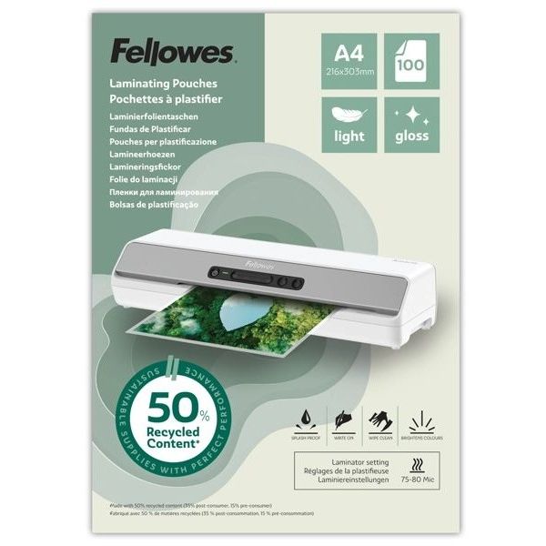 Laminovacia fólia Fellowes A4 80 mic z recyklovaného materiálu (50%), lesklé LAMPOFELA4080REC