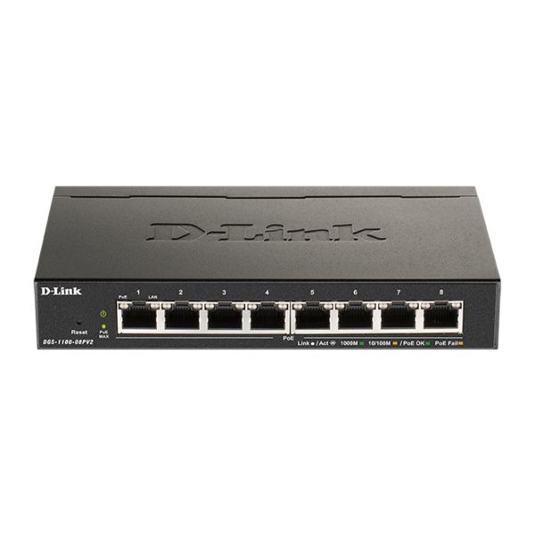 D-Link DGS-1100-08PV2 Smart Switch, 8x 1000Base-T 802.3at PoE, 64W PoE budget, Fanless DGS-1100-08PV2/E