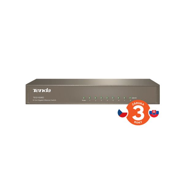 Tenda TEG1008D 8-port Gigabit Switch, 8x 10/100/1000 Mb/s, Fanless-bez ventilátorov, Kov, 9K Jumbo 75011009