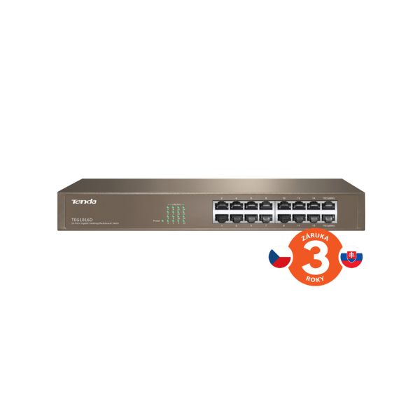 Tenda TEG1016D - 16x Gigabit Switch, Fanless-bez ventilátorov, Rackmount, ochrana proti prepätiu 75010017