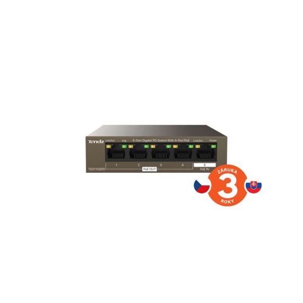 Tenda TEG1105PD PoE PD Gigabit switch, 1x PoE IN, 4x PoE OUT 802.3af, 5x 1 Gb/s, max. 30W, fanless 75011868
