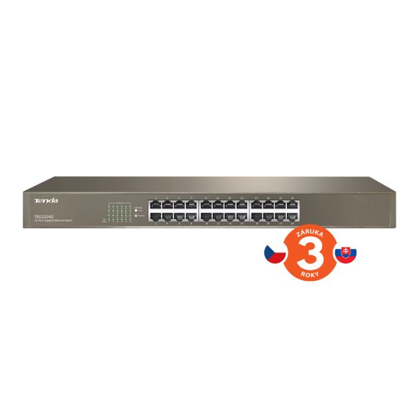 Tenda TEG1024G 24x Gigabit Switch, Fanless-bez ventilátorov, Rackmount 19", ochrana proti prepätiu 75010024