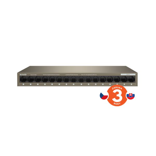 Tenda TEG1016M 16-port Gigabit Switch, 16x 10/100/1000 Mb/s, Fanless, MAC 8K, napájanie AC/DC, aj múr 75011925