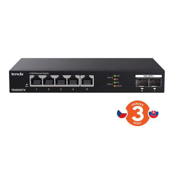 Tenda TEM2007X - Multi-gigabit switch, 5x 2.5G RJ45 + 2x 10G SFP+ port, MAC 16K, ochrana 6kV 75011993