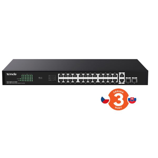 Tenda TEG1128P-24-410W PoE+ Gigabit switch 24x 1Gb/s PoE+ 802.3af/at + 2x SFP + 2x RJ45, 370W, Rack 75011995