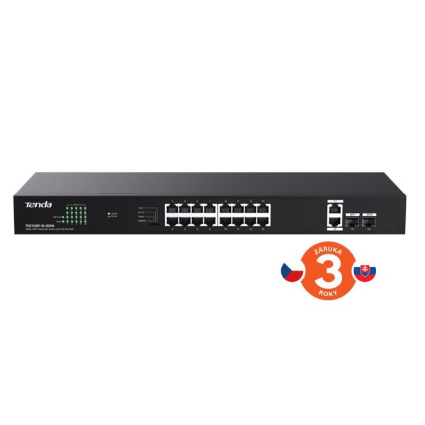 Tenda TEG1120P-16-250W PoE+ Gigabit switch 16x 1Gb/s PoE+ 802.3af/at + 2x SFP + 2x RJ45, 230W, Rack 75011996