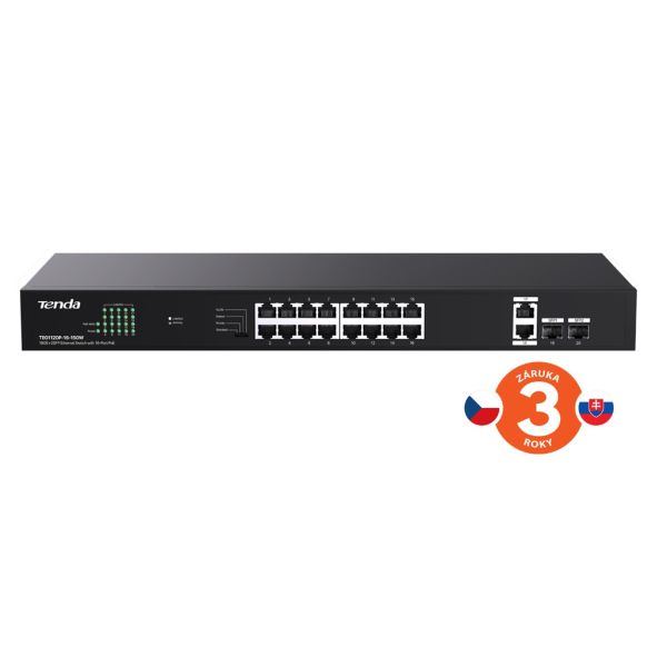Tenda TEG1120P-16-150W PoE+ Gigabit switch 16x 1Gb/s PoE+ 802.3af/at + 2x SFP + 2x RJ45, 135W, Rack 75011997