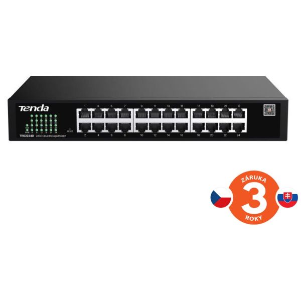 Tenda TEG2224D Websmart L2 cloud managed switch, 24x 10/100/1000 Mbps, Kov, Fanless-bez ventilátorov 75012020