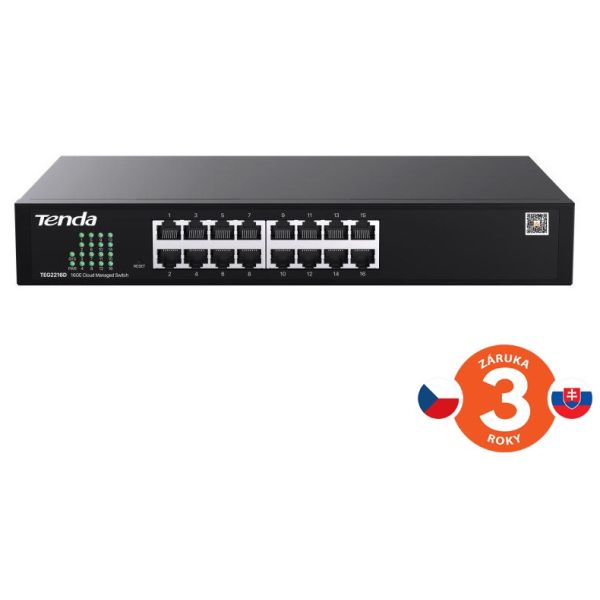 Tenda TEG2216D Websmart L2 cloud managed switch, 16x 10/100/1000 Mbps, Kov, Fanless-bez ventilátorov 75012019