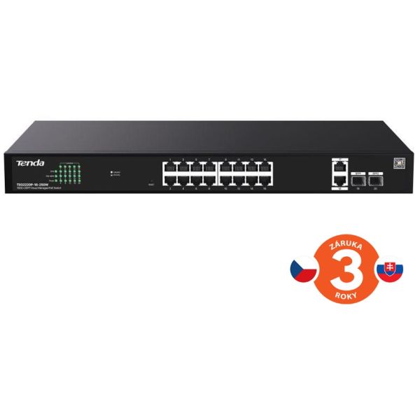 Tenda TEG2220P-16-250W Gigabit Websmart L2 Cloud PoE+ Switch 230W, 16x1Gb/s PoE+, 2xRJ45, 2xSFP, Rack 75012021