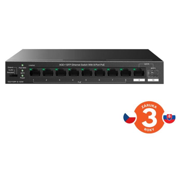 Tenda TEG1110PF-8-120W PoE+ AT switch 8xPoE 802.3af/at + Uplink RJ45 + SFP port, 110W, PoE+, fanless 75012025
