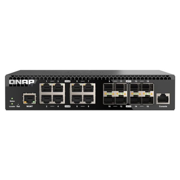 QNAP riadený switch QSW-M3216R-8S8T (8x 10GbE porty + 8x 10G SFP+ porty, polovičná šírka) QSW-M3216R-8S8T