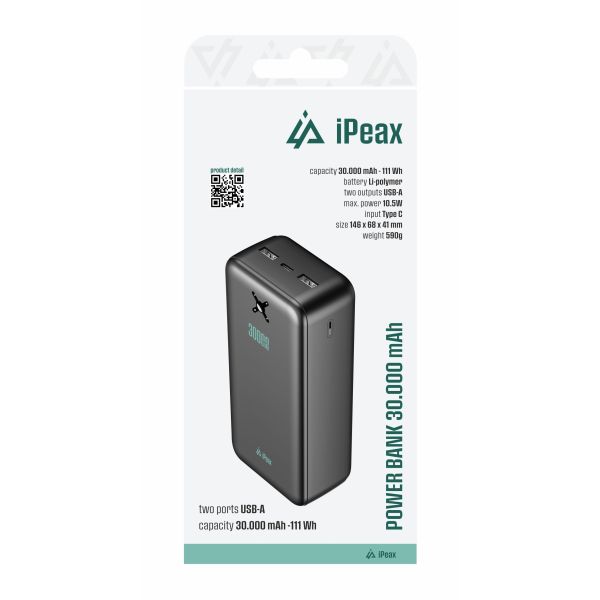 POWER BANKA 30000 mAh, 10,5 W, 2x USB-A ČIERNA