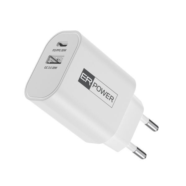 Dual GaN Charger 30W - 1 USB-C/1 USB-A PD/PPS/QC ERPW30G1C1A-WH