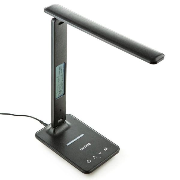 Stolová LED lampička Huslog čierna s displejom a bezdrátovou nabíjačkou KAT00073