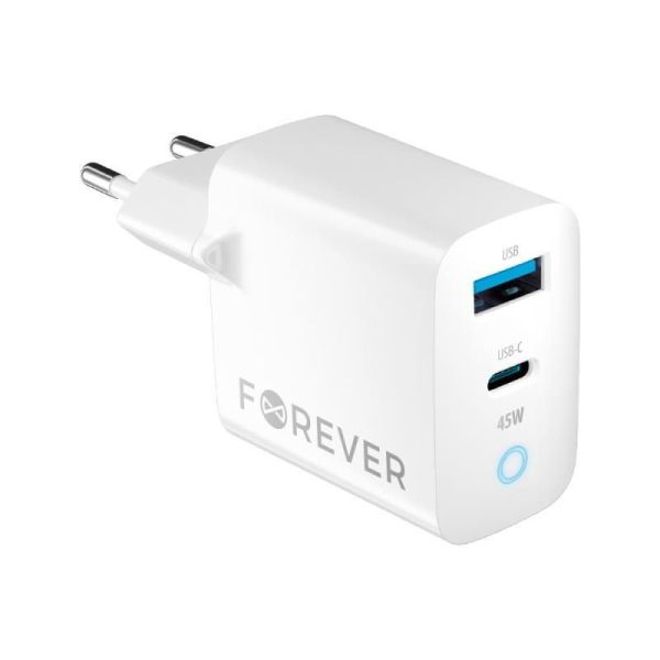Rýchlonabíjačka do siete Forever GaN TC-06-45AC GaN PD QC 1x USB-C 1x USB 45W biela GSM171396