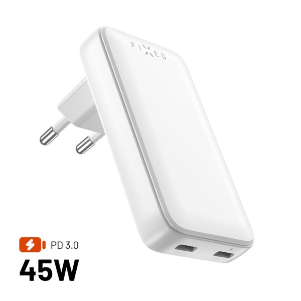 GaN nabíjačka FIXED Slim, 45W, PD2.0, 2xUSB-C FIXCG45S-2C-WH