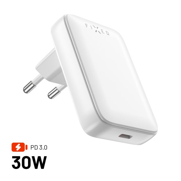 Síťová GaN nabíjačka FIXED Slim s USB-C, PD, 30W FIXCG30S-C-WH