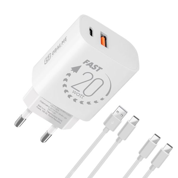 OBAL:ME Cestovná Nabíjačka USB-A + USB-C 20W + 2x kábel 1m White 8596311273469
