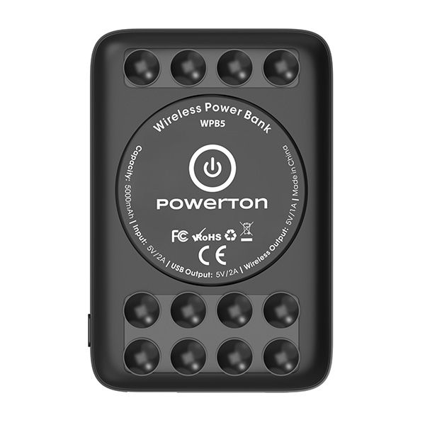 Powerton, power banka s bezdrôtovým nabíjaním, Li-Pol, 5V, nabíjanie telefónov/tabletov, WBP5, 5000mAh, prísavky pre priľnutie k