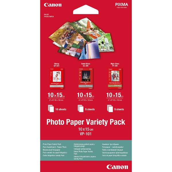 Canon Photo Paper Variety Pack VP-101, VP-101, foto papier, 5x PP201, 5x SG201, 10x GP501 typ lesklý, 0775B078, biely, 10x15cm, 