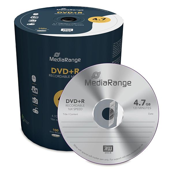 MediaRange DVD+R, mr443, 4.7GB, 16x, spindle, 100-pack, bez možnosti potlače, 12cm, pre archiváciu dát