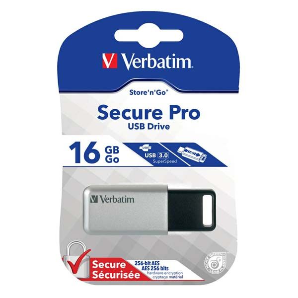 Verbatim USB flash disk, USB 3.0, 16GB, Secure Pro, Store N Go, strieborný, 98664, USB A, AES 256-bit šifrovanie, s výsuvným kon
